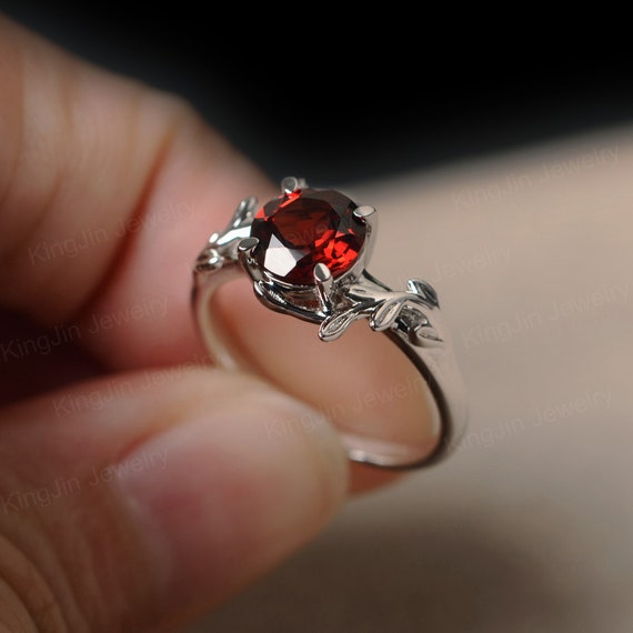 Natural Red Garnet Engagement Ring Sterling Silver Garnet