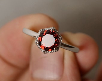 Garnet Ring Sterling Silver Red Gemstone Garnet January Birthstone Ring Solitaire Ring