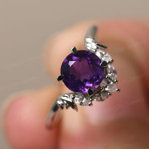 Wheat Ears Ring Round Cut Amethyst Promise Ring Sterling Silver February Birthstone Ring