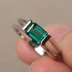 Dainty Emerald Ring Sterling Silver Stackable Wedding Ring Emerald Cut May Birthstone Ring