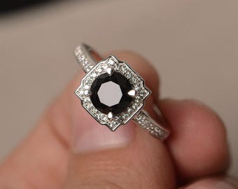 Black Halo Ring Black Spinel Ring Promise Ring for Girl Round Cut Rings Engagement Ring Sterling Silver 925