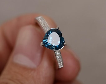 London Blue Topaz Ring Heart Cut Sterling Silver Engagement Ring for ...