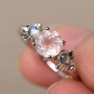 Round Cut Rose Quartz and Moonstone Ring Sterling Silver Honey Bee Ring Unique Promise Ring