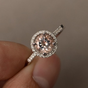 Morganite Rings Engagement Ring Pink Gemstone Ring Halo Rings Round Cut Sterling Silver 925