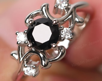 Free Form Black Spinel Anniversary Ring Solid Silver Black Stone Cluster Art Deco Ring