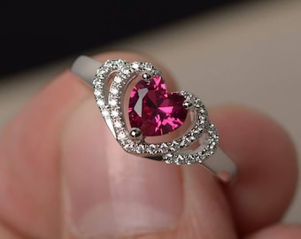 Red Ruby Anniversary Rings July Birthstone Heart Cut Gems Rings Silver Rings Double Heart Shape