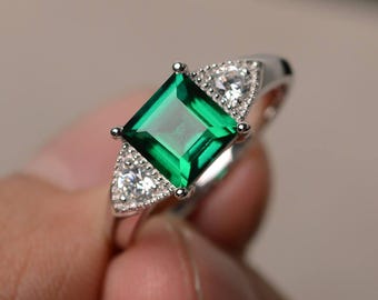 Emerald Ring Engagement Ring Square Cut Green Gemstone May Birthstone Sterling Silver Ring