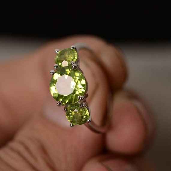 Natural Peridot Ring Three Stone Ring Peridot Gemstone Ring Sterling Silver August Birthstone Ring