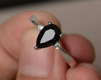 Anniversary Ring Natural Black Spinel Ring Black Gems Ring Sterling Silver Ring Pear Cut Gemstone Ring