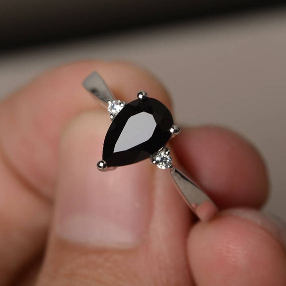 Anniversary Ring Natural Black Spinel Ring Black Gems Ring Sterling Silver  Ring Pear Cut Gemstone Ring 