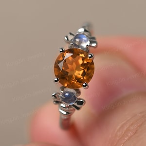 Sterling Silver Citrine and Moonstone Ring Round Shaped November June Birthstone Ring 3 Stone Mothers Ring
