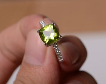 Natural Peridot Ring Silver Size Yellow Cushion Cut Green Gemstone Ring August Birthstone Ring