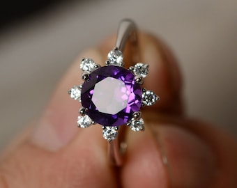 Natural Amethyst Ring Purple Gemstone Round Cut Ring Promise Ring Engagement Ring Silver