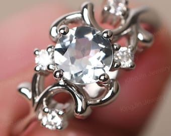 Round Cut March Birthstone Ring Sterling Silver Aquamarine Twig Wedding Ring