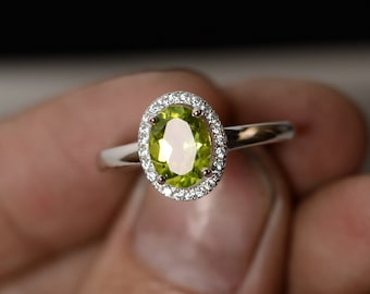 Natural Peridot Halo Wedding Ring Sterling Silver Oval Cut August Birthstone Ring