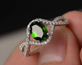 Natürliche Grün Diopsid Ring Oval Cut Verlobungsring Grün Edelstein Ring Sterling Silber Ring