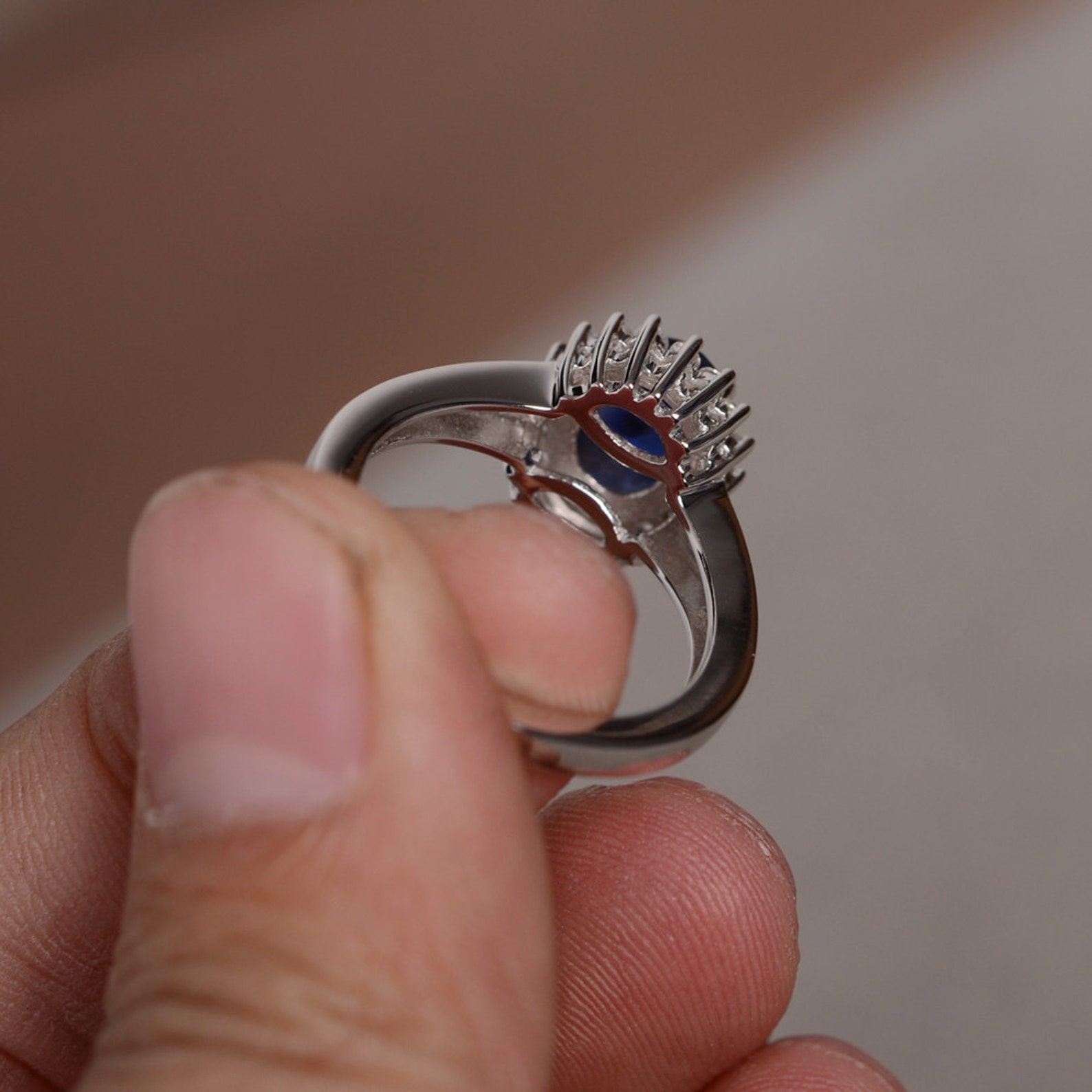 Lab Sapphire Ring Silver Dark Blue Gemstone Ring Promise Ring Etsy