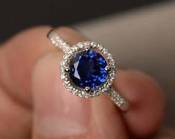 Halo Ring Sapphire Sterling Silver 925 Sapphire Engagement Rings Blue Gemstone Rings Round Cut Sapphire Ring