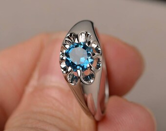 London Blue Topaz  Ring Wedding Ring Round Cut Blue Gemstone Ring Sterling Silver Ring Solitaire Ring
