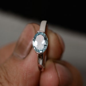 Oval Cut Aquamarine Promise Ring March Birthstone  Sterling Silver Ease West Ring Anniversary Gifts