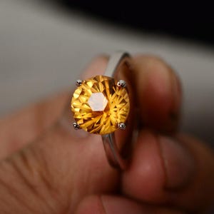 Natural Citrine Ring Sterling Silver Ring Round Gemstone Ring November Birthstone Ring
