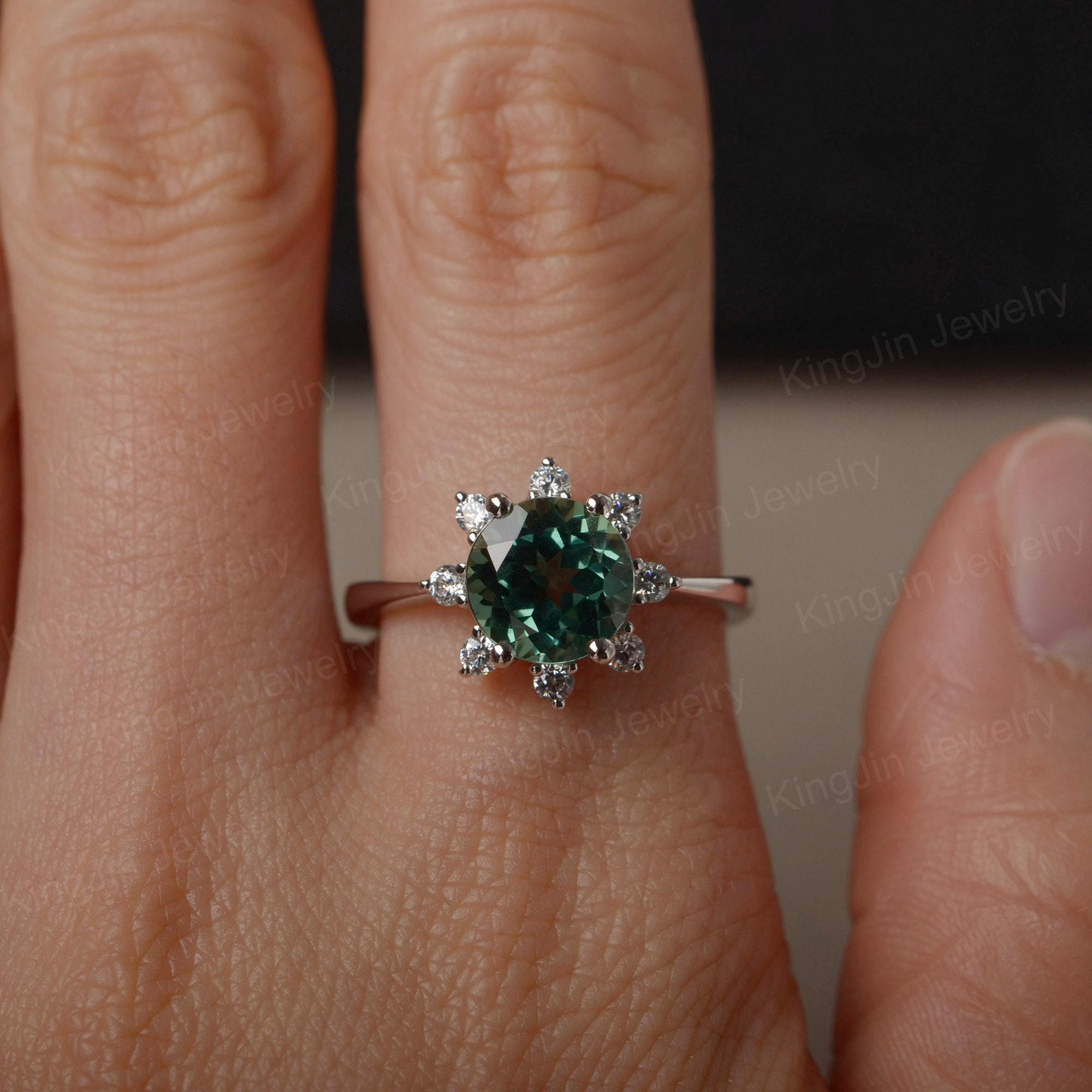 Green Sapphire Ring Sterling Silver Engagement Ring Round Cut Green ...