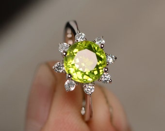 Natural Peridot  Ring Engagement Ring Silver August Birthstone Ring Brilliant Ring