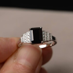 Emerald Cut Black Gemstone Anniversary Ring Natural Black Spinel Ring Sterling Silver Ring