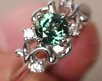 Personalized Green Sapphire Cocktail Ring Sterling Silver Round Shape Cluster Wedding Ring