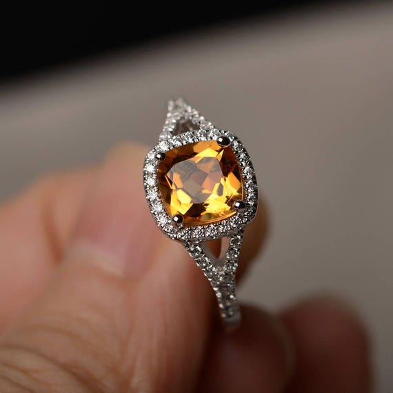 November Birthstone Ring: Cushion Cut Citrine, Sterling Silver Wedding Ring