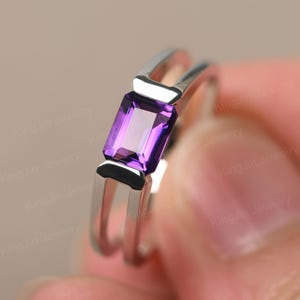 East West Engagement Ring Sterling Silver Simple Amethyst Ring Emerald Cut Februay Birthstone Ring