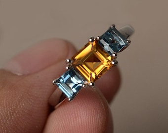Square Cut London Blue Topaz und Citrin Ring Sterling Silber