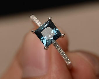 London Blue Topaz Ring Blue Gemstone Rings Princess Cut Sterling Silver November birthstone