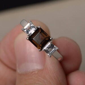 Natural Smoky Quartz Rings Anniversary Rings Square Cut Brown Gemstone Rings Sterling Silver Rings Unique Rings