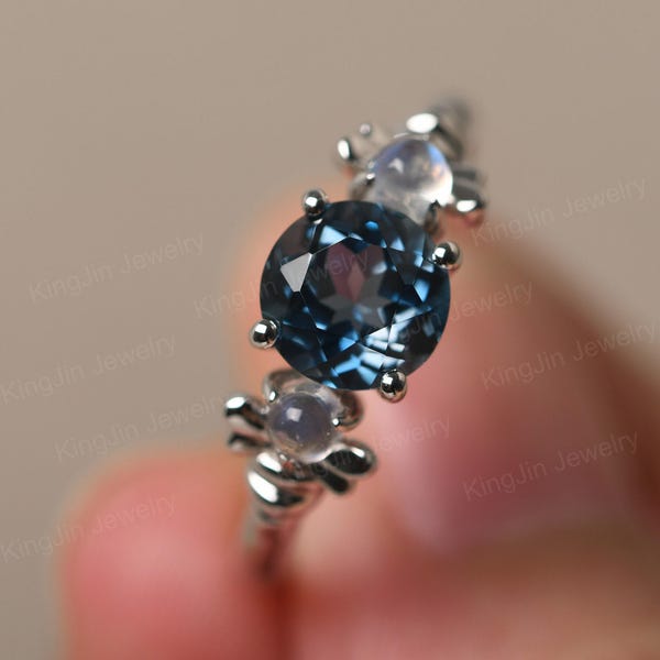 London Blue Topaz and Moonstone Ring Round Cut 3 Stones Mothers Ring Sterling Silver June November Birthstone Ring