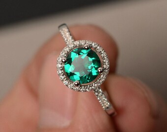 Emerald Rings Halo Ring Green Gemstone Ring Engagement Rings for Girl Sterling Silver 925