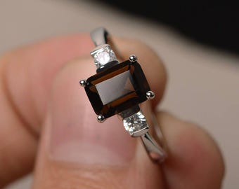 Anniversary Ring Natural Smoky Quartz Ring Emerald Cut Brown Gemstone Ring Sterling Silver Ring