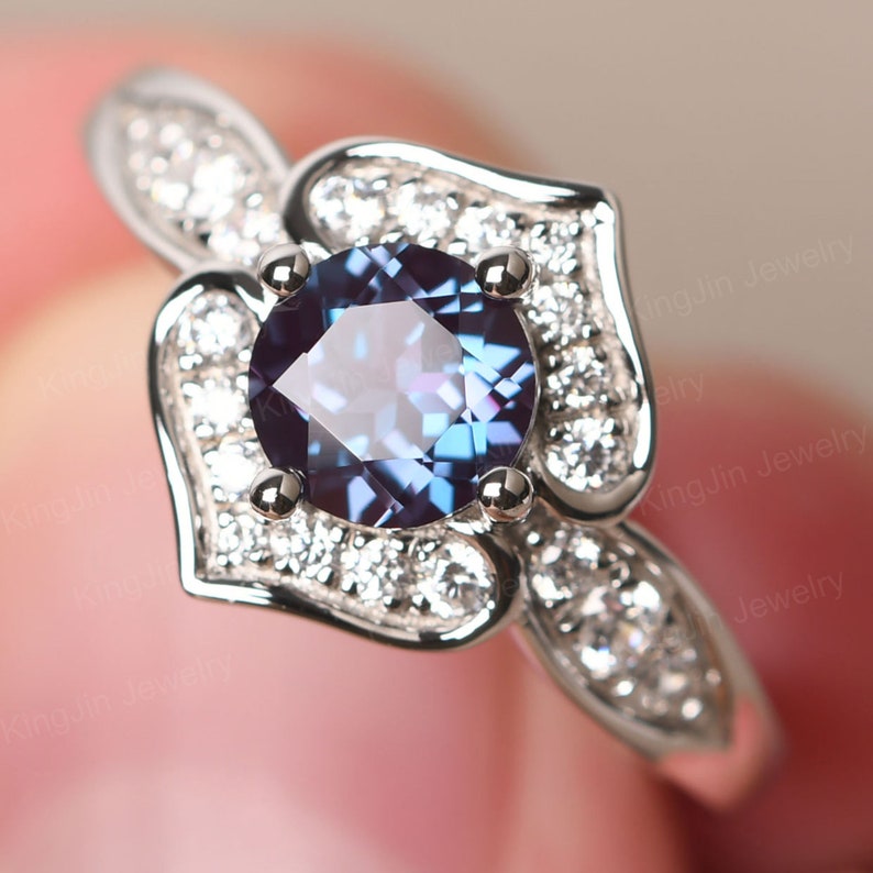 Double Heart Alexandrite Statement Ring Round Cut Sterling Silver outlet June Birthstone Ring