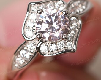 Personalized Double Heart Ring Round Cut 6 mm Pink Cubic Zirconia Wedding Ring