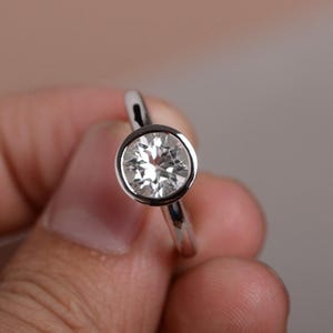 Natural White Topaz Ring Round Bezel Ring  Promise Ring White Topaz Engagement Ring