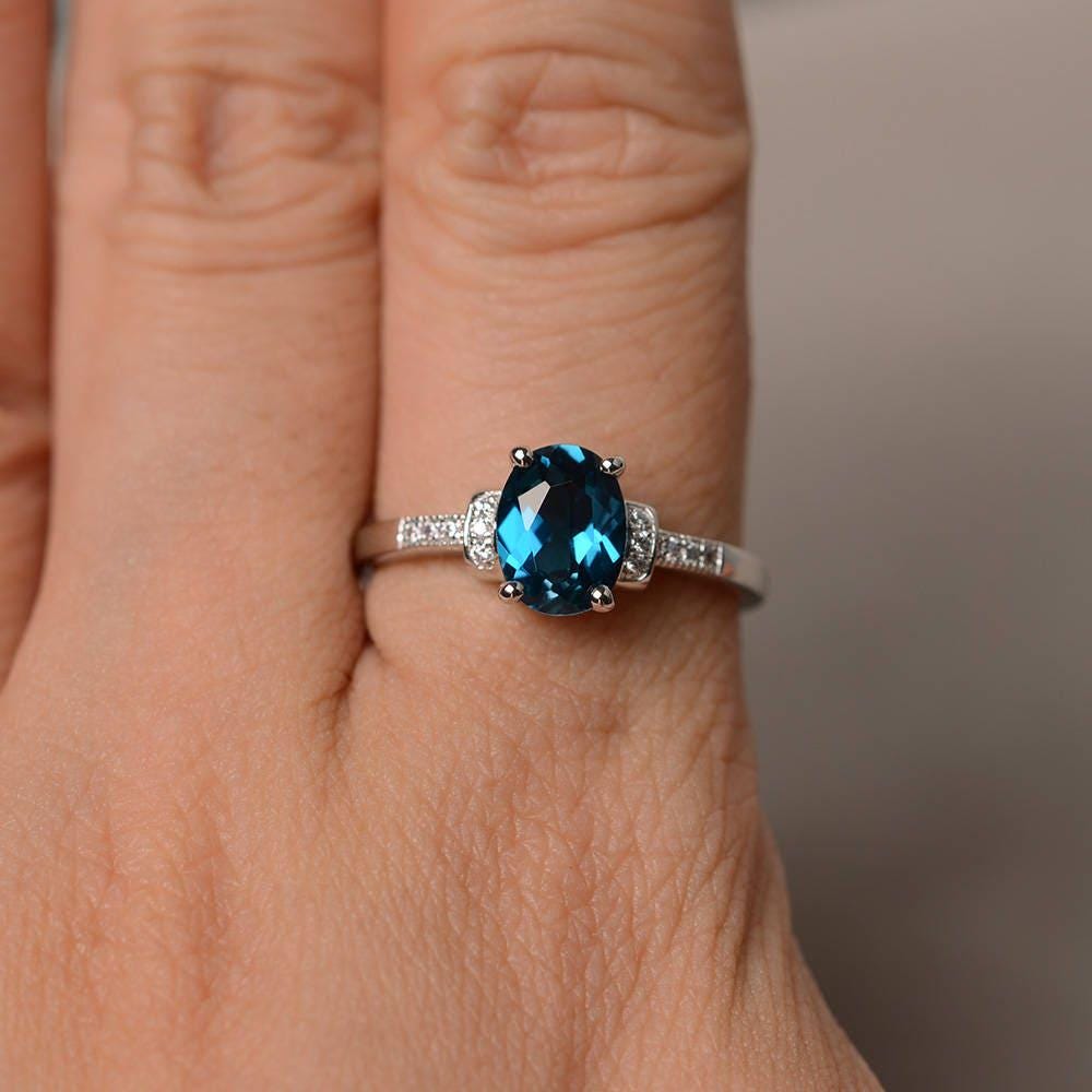 London Blue Topaz Engagement Ring Sterling Silver Ring Oval Cut Blue ...