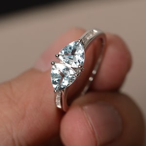 Natural Aquamarine Ring Trillion Cut Blue Gemstone Ring March Birthstone Ring Sterling Silver Engagement Ring For Her