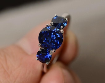 Three Stone Ring Sapphire ring Sterling Silver Engagement Ring September Birthstone Ring