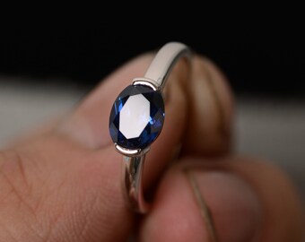 Oval Lab Sapphire Ring Solitaire Ring Silver Ring Gemstone Ring