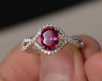 Ruby Ring Oval Cut Engagement Ring for Her Red Gemstone Ring Silver