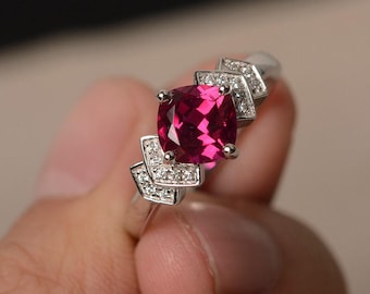 Lab Ruby Ring Cushion Cut Red Gemstone Ring July Birthstone Ring Sterling Silver Ring Promise Ring