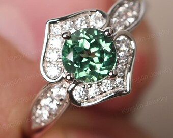Round Cut 6 mm Green Sapphire Double Heart Ring Sterling Silver Floral Engagement Ring