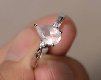 Natural Rose Quartz Ring Engagement Ring Pink Gemstone Ring Sterling Silver Ring Pear Cut Gemstone Ring