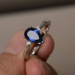 Blue Sapphire Wedding Ring September Birthstone Ring  Pear Cut Blue Gemstone Sterling Silver