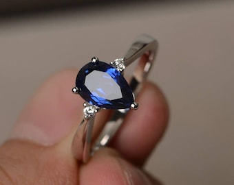 Blue Sapphire Wedding Ring September Birthstone Ring  Pear Cut Blue Gemstone Sterling Silver